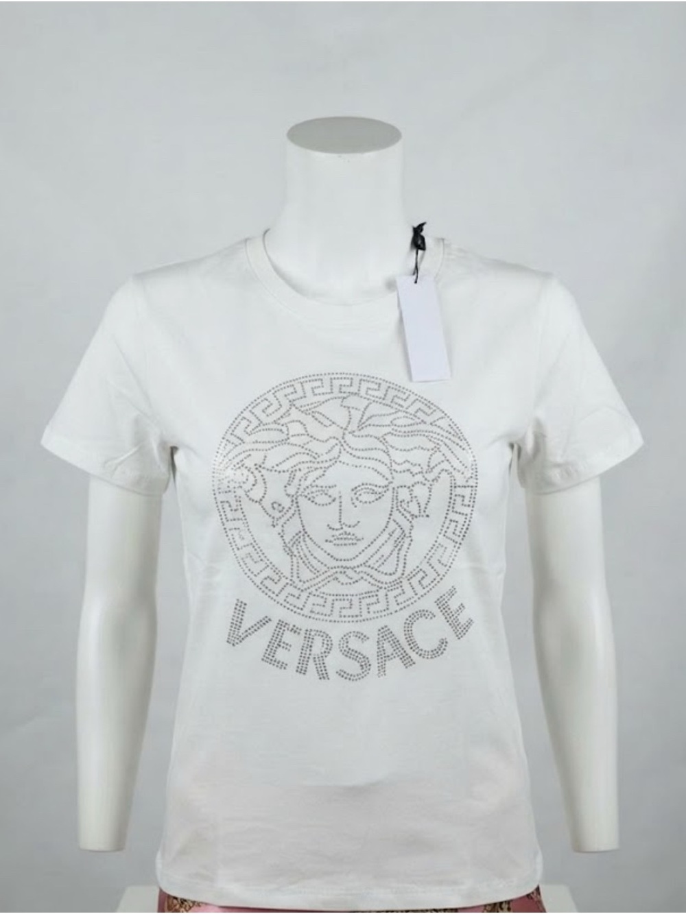 Woman’s Fashion White Studded Medusa Logo Tee